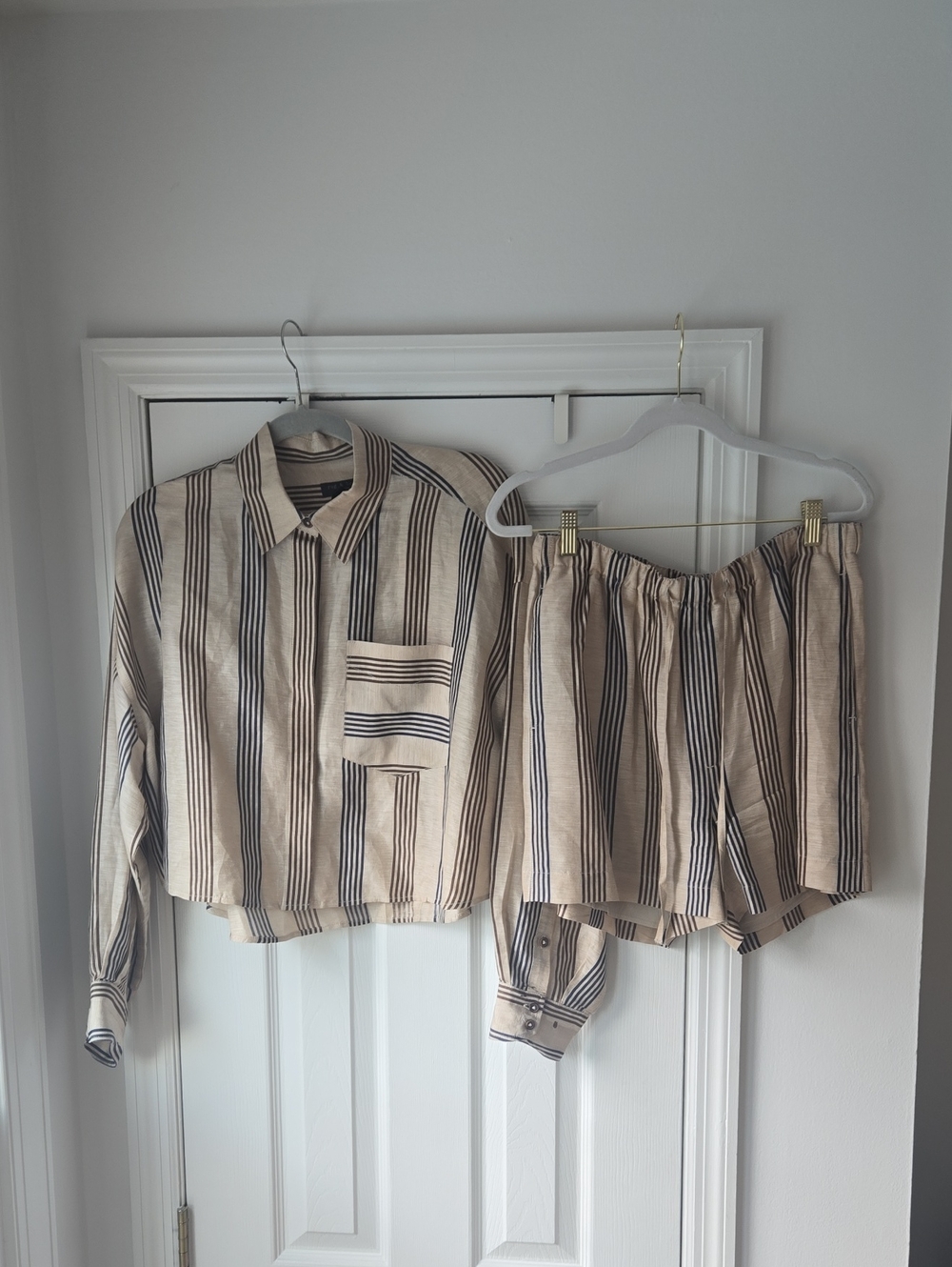 rag & bone Beige and Black Striped Button-Down Top with Matching Shorts